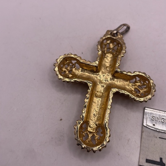 Vintage XL sping ring necklace 14 “ added Large Cross crystal encrusted Cross - Picture 8 of 9
